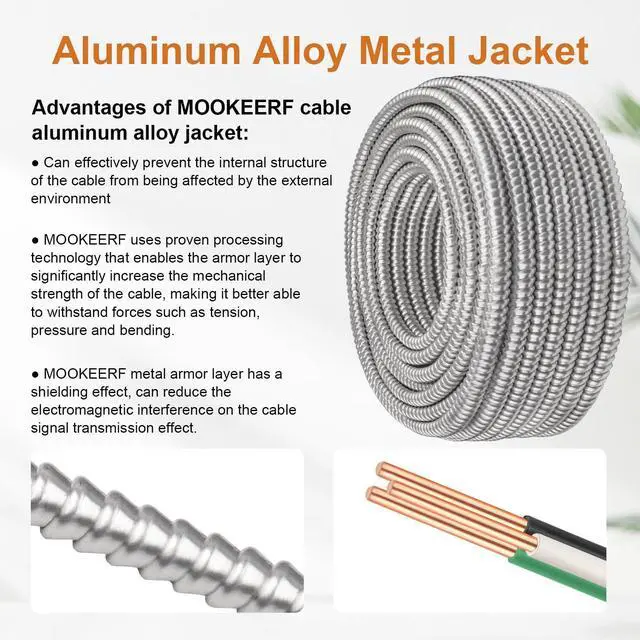 Alt view image 4 of 6 - 14/2 MC Cable with Ground - 10FT Pure Copper 14AWG/2 Metal Clad Wire with Aluminum Armor 14 Gauge 2 Conductor Type MC Alum Cable