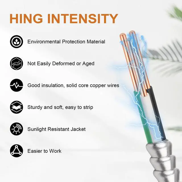 Alt view image 5 of 6 - 14/2 MC Cable with Ground - 10FT Pure Copper 14AWG/2 Metal Clad Wire with Aluminum Armor 14 Gauge 2 Conductor Type MC Alum Cable