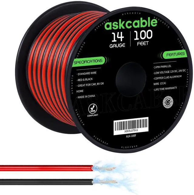 Main image of 14 Gauge Wire, 14 AWG Electrical Wire Cable, 2 Conductors Red Black Wire, Copper Clad Aluminum(CCA) Flexible PVC Extension Cord for Speaker, Hookup LED Strips, Automotive 12V/24V DC (100FT)