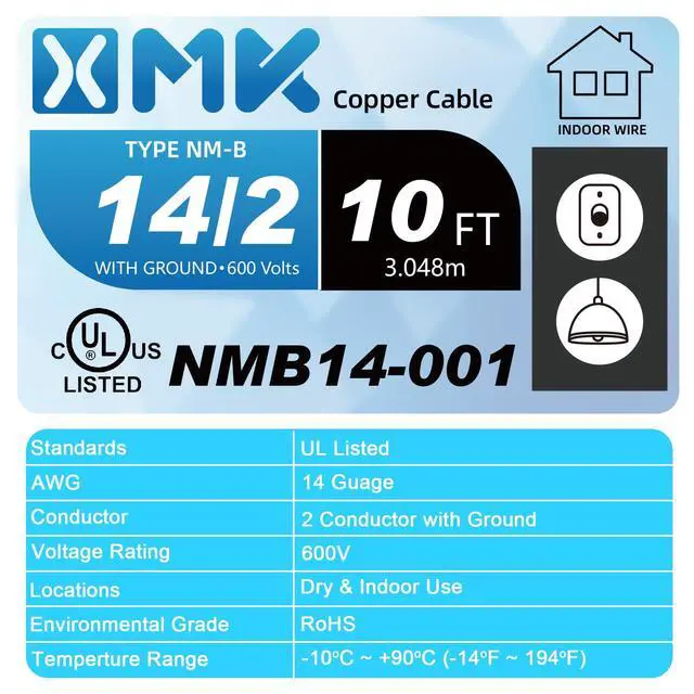Alt view image 2 of 6 - 10ft NM-B 14/2 Wire with Ground,14/2 Electrical Wire 14 Gauge 2 Conductor 14 AWG Copper Solid Indoor 14/2 W/G NMB Cable NonMetallic Sheathed with Ground,Residential Electrical Wiring for Switch,Outlet