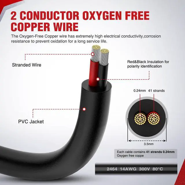 Alt view image 2 of 7 - 30FT 14AWG Oxygen-Free Copper Wire Red Black Electrical Stranded PVC Cord 2 Conductor Parallel 300V DC Flexible Extension Cords for LED Strips Lamps Lighting