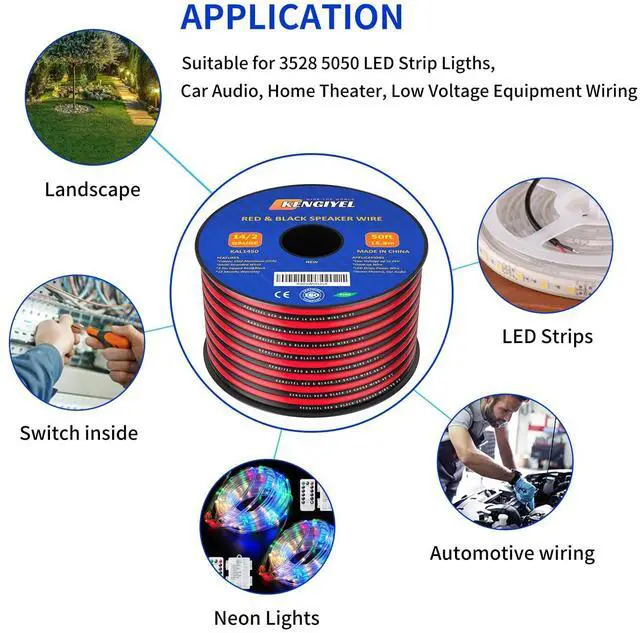 Alt view image 5 of 7 - Speaker Wire 14 Gauge 50FT 2 Conductors Red Black Cable Hookup LED Lighting Strips Electrical Wire Extension Cord 14/2 Gauge Wire Copper Clad Aluminum 12V/24V DC Cable Flexible Extension Cord