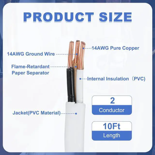 Alt view image 2 of 6 - 14/2 NM-B Wire with Ground, 10Ft 14AWG 600V UL-Listed Pure Copper Wire 2 Conductor Non-Metallic Sheathed Electrical Cable for Residential Commercial Indoor Wiring(White)