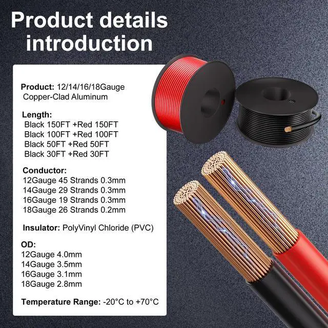 Alt view image 2 of 6 - 14 Gauge Electrical Wire 2 Pack Total 100ft-Black 50 ft and Red 50 ft Soft Flexible Copper-Clad Aluminum(CCA) 14 AWG PVC Wire for Lamp, Household Appliances RC Toys, Models, Auto, Electronics