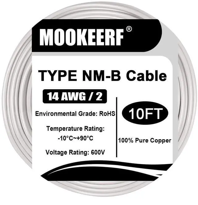 Main image of 14/2 Wire with Ground - 10FT 14 Gauge NM-B Non-Metallic Sheathed Cable 100% Pure Copper 14 AWG 2 Conductor Residential Indoor Wire for Outlets, Switches, Other Loads and Lighting Wiring Projects etc.