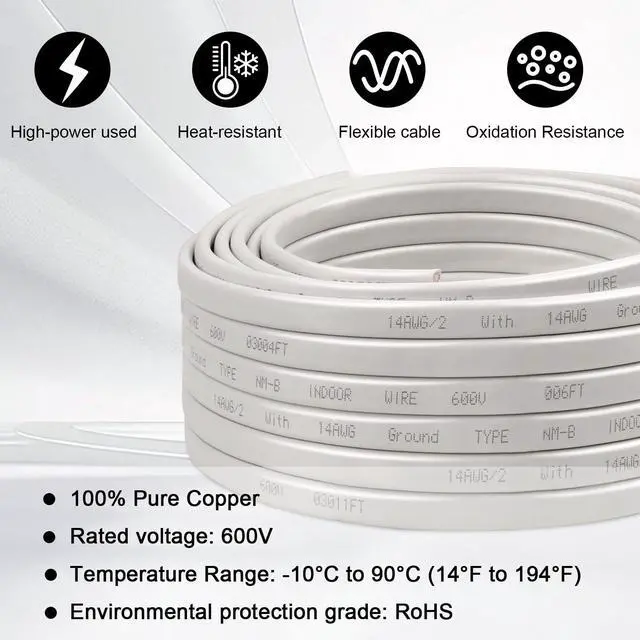 Alt view image 3 of 7 - 14/2 Wire with Ground - 10FT 14 Gauge NM-B Non-Metallic Sheathed Cable 100% Pure Copper 14 AWG 2 Conductor Residential Indoor Wire for Outlets, Switches, Other Loads and Lighting Wiring Projects etc.