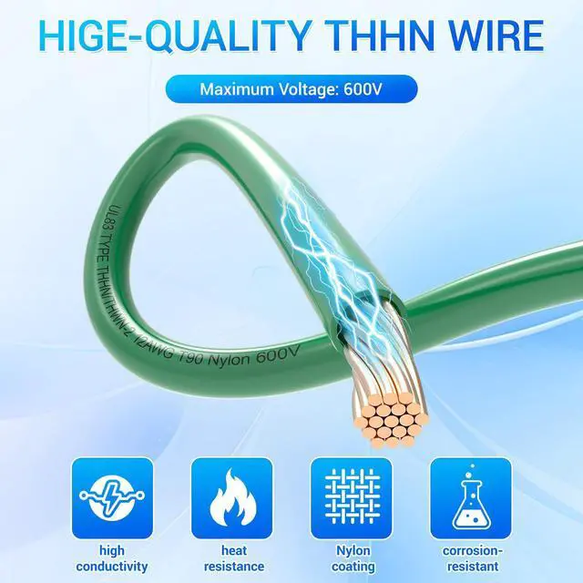 Alt view image 3 of 7 - THHN Wire 12 Gauge 25FT, UL83 THHN/THWN-2 12 AWG Cable Stranded Copper with Nylon Jacket and PVC Insulation Building Wires for Residential, Ground, CNC, Panel Wiring, Circuit, Control(600V, Green)
