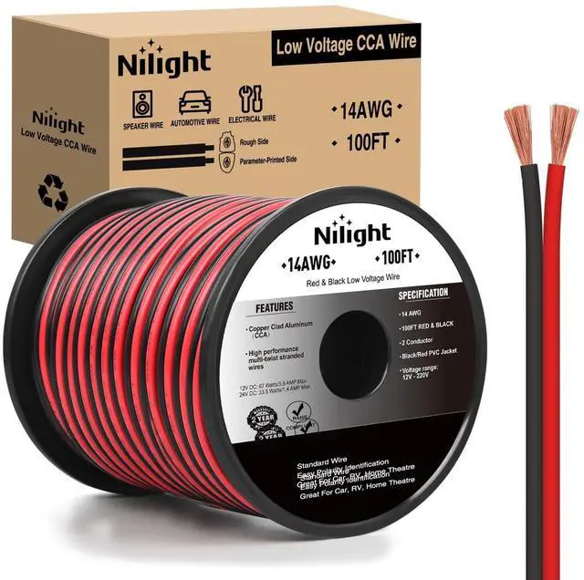 Main image of 100FT 14AWG Copper Clad Aluminum Wire 14/2 Gauge Red Black CCA Electrical Cable 2 Conductor Parallel 12V/24V DC Flexible Extension Cords for Car Audio Radio Speaker Amplifier