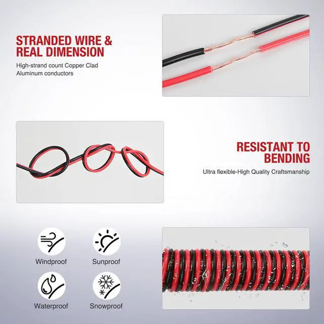Alt view image 6 of 7 - 100FT 14AWG Copper Clad Aluminum Wire 14/2 Gauge Red Black CCA Electrical Cable 2 Conductor Parallel 12V/24V DC Flexible Extension Cords for Car Audio Radio Speaker Amplifier