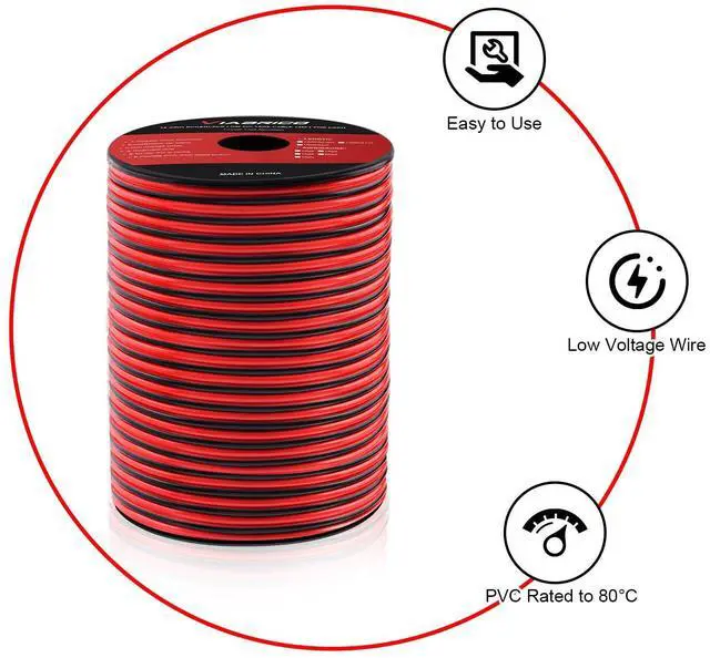 Alt view image 3 of 7 - 12Gauge 100FT Electrical Wire Cable 2 Conductors Red Black Cable Hookup LED Lighting Strips Flexible Extension Cord 12AWG Copper Clad Aluminum 12V/24V DC 30.5M