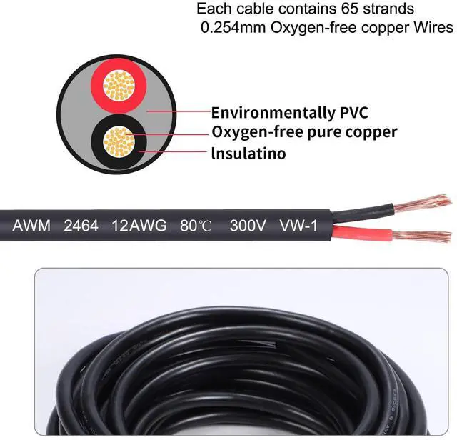 Alt view image 3 of 7 - 12 Gauge 2 Conductor Electrical Wire 12 AWG Wire Stranded PVC Cord Oxygen-Free Copper Cable 10FT/3.1M for Outdoor Lighting Automotive Battery Solar Panel (12/2AWG-10FT)