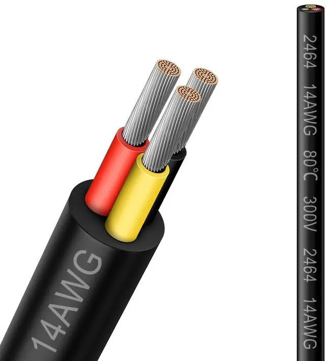 Main image of 14 Gauge 3 Conductor Electrical Wire, 16.5FT 2464 14AWG 3 Wire Cable Black PVC Stranded Tinned Copper, 14/3 Cord Extension Low Voltage Cable