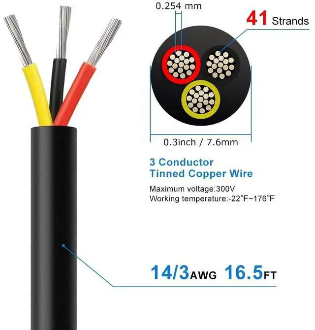 Alt view image 3 of 7 - 14 Gauge 3 Conductor Electrical Wire, 16.5FT 2464 14AWG 3 Wire Cable Black PVC Stranded Tinned Copper, 14/3 Cord Extension Low Voltage Cable