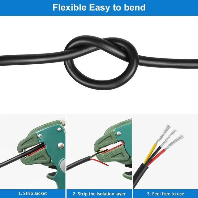 Alt view image 7 of 7 - 14 Gauge 3 Conductor Electrical Wire, 16.5FT 2464 14AWG 3 Wire Cable Black PVC Stranded Tinned Copper, 14/3 Cord Extension Low Voltage Cable