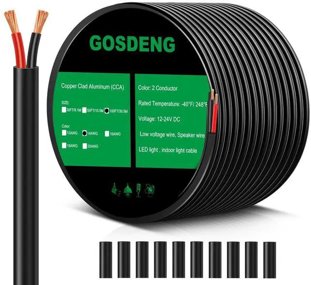 Main image of 14 Gauge 2 Conductor Electrical Wire, 14 AWG 2.08mm Wire PVC Cord, 12V/24V DC Low Voltage/Copper-clad Aluminum(CCA) Flexible/2 Wire for Automotive LED Strips Lamp Lighting Marine 100FT