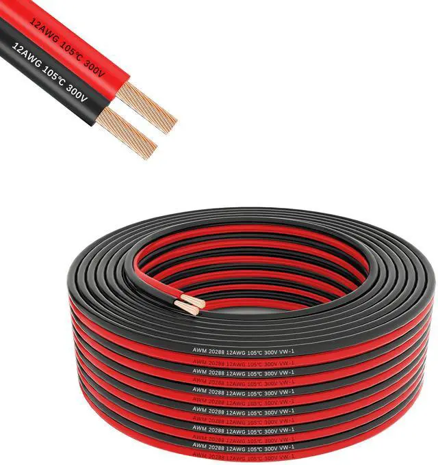 Main image of 12 Gauge 2 Conductor Flexible Parallel Electrical Wire 10ft Red Black Low Voltage PVC Cord 12/2 AWG Stranded Oxygen Free Copper Cable for Automotive Solar Panel Led Strip Lighting Marine Battery.