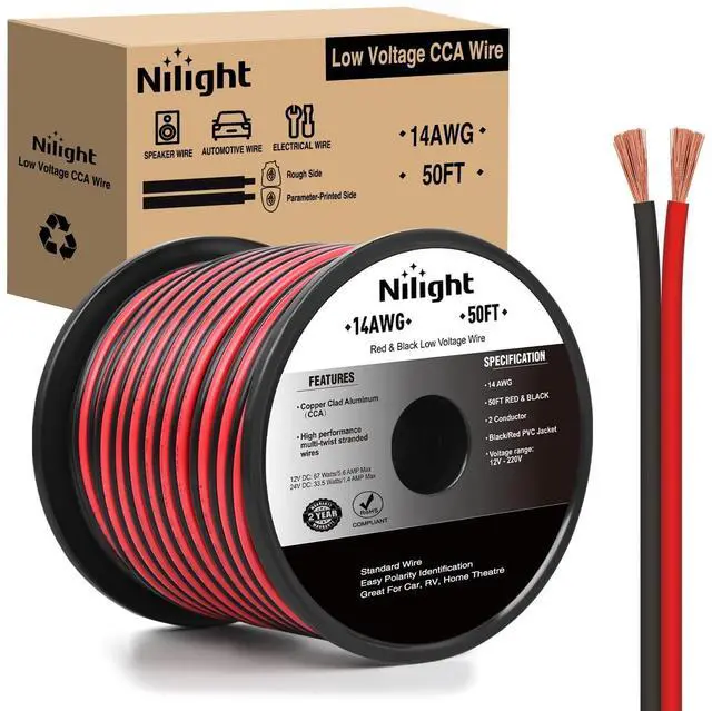 Main image of 50FT 14AWG Copper Clad Aluminum Wire 14/2 Gauge Red Black CCA Electrical Cable 2 Conductor Parallel 12V/24V DC Flexible Extension Cords for Car Audio Radio Speaker Amplifier