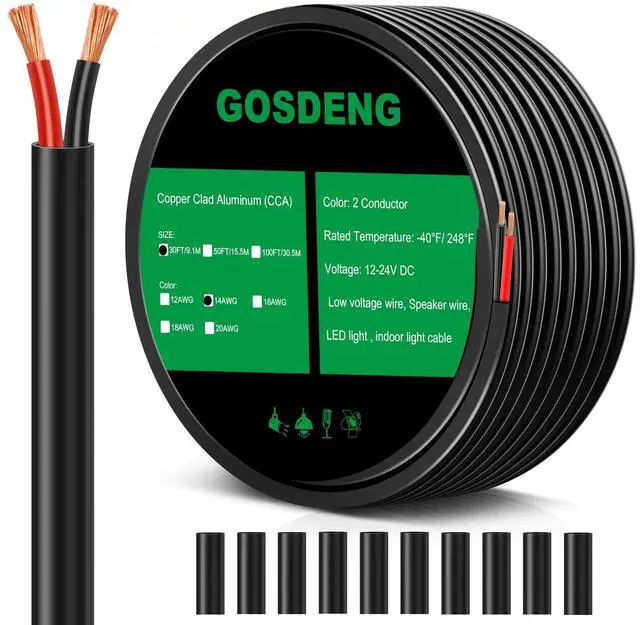 Main image of 14 Gauge 2 Conductor Electrical Wire, 14 AWG 2.08mm Wire PVC Cord, 12V/24V DC Low Voltage/Copper-clad Aluminum(CCA) Flexible/2 Wire for Automotive LED Strips Lamp Lighting Marine 30FT