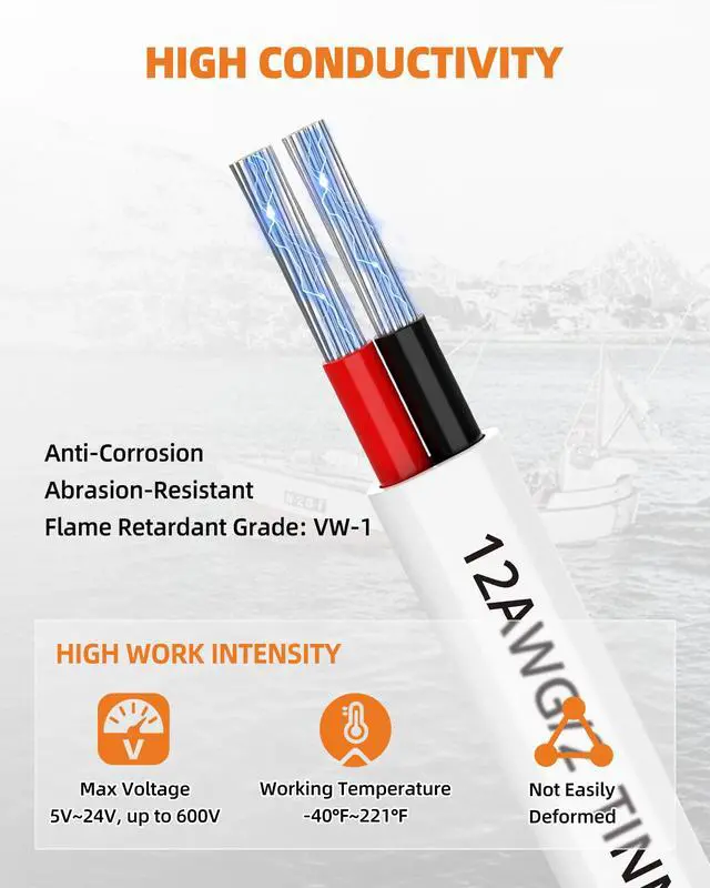 Alt view image 3 of 7 - 12 Gauge Marine Wire, 12/2 Duplex Marine Grade Cable, IP68 Waterproof/Oxygen-Free Tinned Copper Stranded PVC 12 AWG Wire for Boat, Automotive, RV, Solar, LED Strips (15FT)