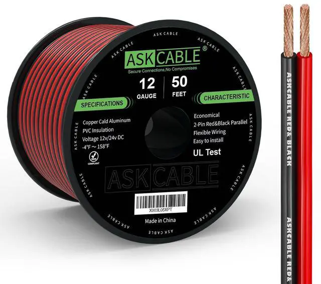 Main image of 12 Gauge Wire, 12 AWG Electrical Wire Cable, 2 Conductors Red Black Wire, Copper Clad Aluminum(CCA) Flexible PVC Extension Cord for Speaker, Hookup LED Strips, Automotive 12V/24V DC (50FT)