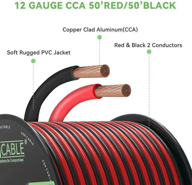 Alt view image 2 of 7 - 12 Gauge Wire, 12 AWG Electrical Wire Cable, 2 Conductors Red Black Wire, Copper Clad Aluminum(CCA) Flexible PVC Extension Cord for Speaker, Hookup LED Strips, Automotive 12V/24V DC (50FT)
