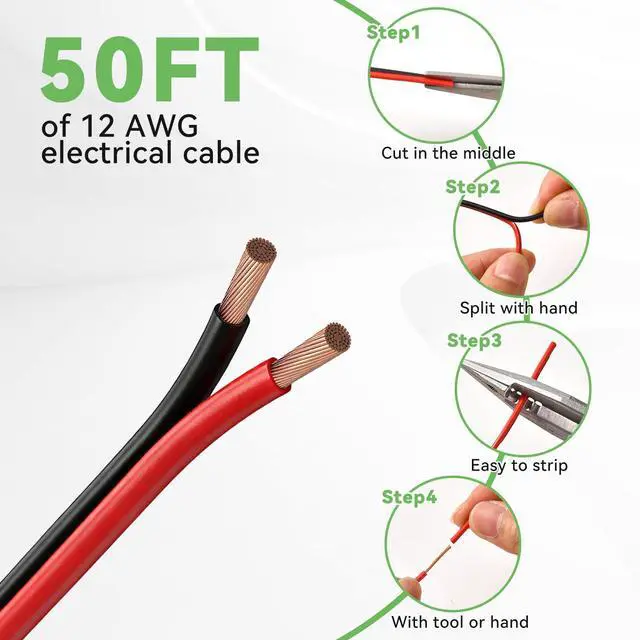 Alt view image 3 of 7 - 12 Gauge Wire, 12 AWG Electrical Wire Cable, 2 Conductors Red Black Wire, Copper Clad Aluminum(CCA) Flexible PVC Extension Cord for Speaker, Hookup LED Strips, Automotive 12V/24V DC (50FT)