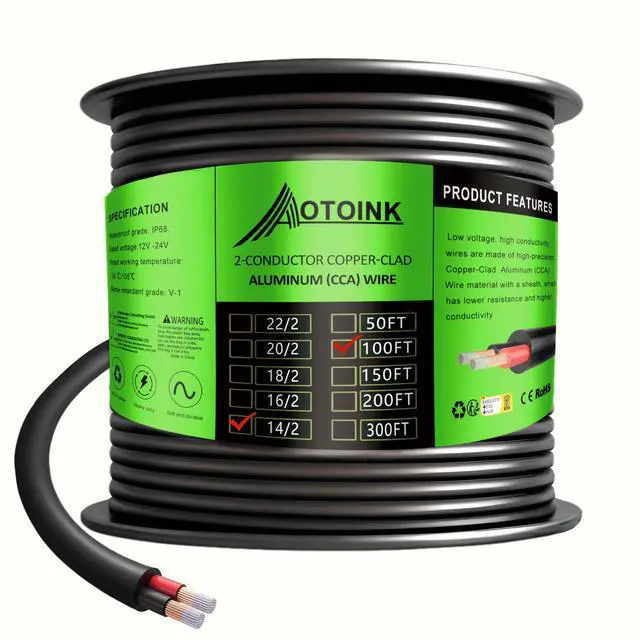 Main image of 100 Feet 14 Gauge 2 Conductors Electrical Wire Extension Cable 14/2 CCA 14 AWG for Speaker,LED Strips,Automotive,Lamps