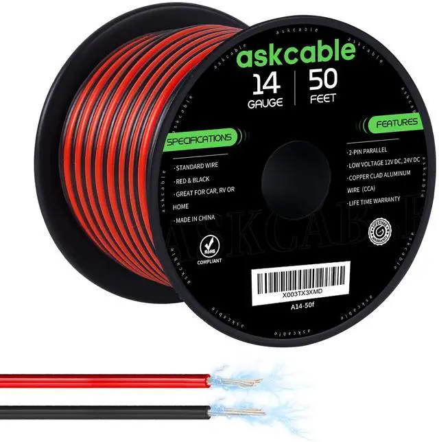 Main image of 14 Gauge Wire, 14 AWG Electrical Wire Cable, 2 Conductors Red Black Wire, Copper Clad Aluminum(CCA) Flexible PVC Extension Cord for Speaker, Hookup LED Strips, Automotive 12V/24V DC (50FT)