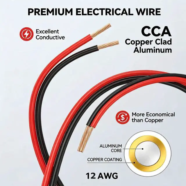 Alt view image 2 of 7 - 12 Gauge Wire 50FT, 12 AWG Red and Black 2 Conductor Speaker Wire Copper Clad Aluminum Automotive Electrical Wire 12/2 for 12V/24V DC, Automotive, Car Audio, Home Theater, LED Strips, Lighting