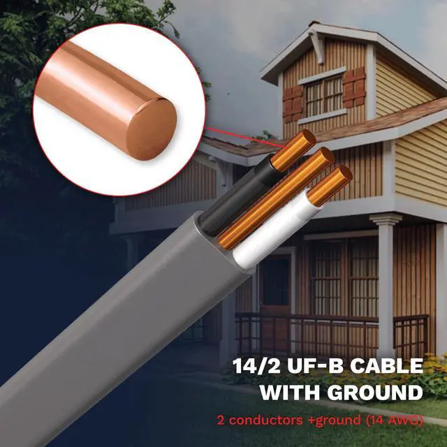 Alt view image 2 of 6 - 14/2 UF-B Copper Wire 14 Gauge Outdoor Direct Burial Electrical Underground Cable 14AWG 2 Connector Insulated Jacket Gray (50 FT)