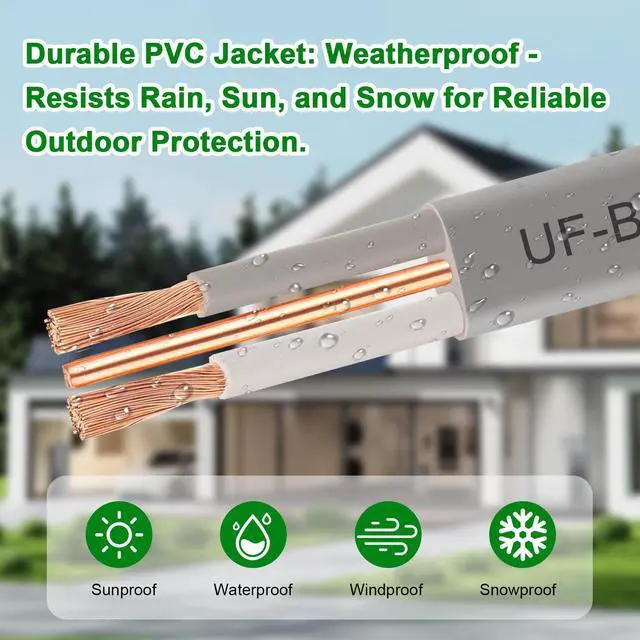 Alt view image 3 of 7 - 14/2 UF-B Wire - 100FT 14 Gauge Direct Burial Electrical Cable 100% Pure Copper 14AWG 2 Connector for Underground Feeder Wet or Corrosive Locations Indoor & Outdoor etc