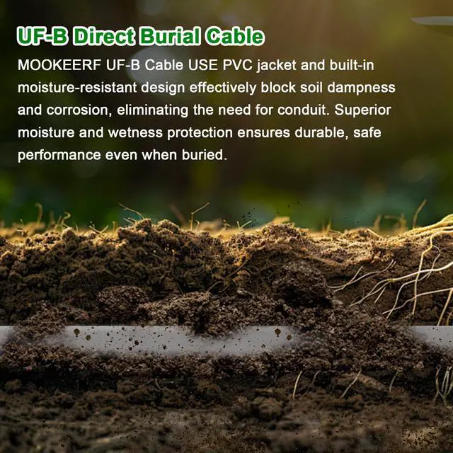 Alt view image 4 of 7 - 14/2 UF-B Wire - 100FT 14 Gauge Direct Burial Electrical Cable 100% Pure Copper 14AWG 2 Connector for Underground Feeder Wet or Corrosive Locations Indoor & Outdoor etc