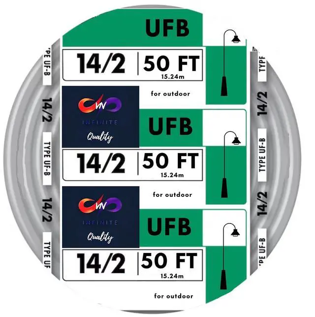 Main image of 14/2 UF-B Copper Wire 14 Gauge Outdoor Direct Burial Electrical Underground Cable 14AWG 2 Connector Insulated Jacket Gray (50 FT)
