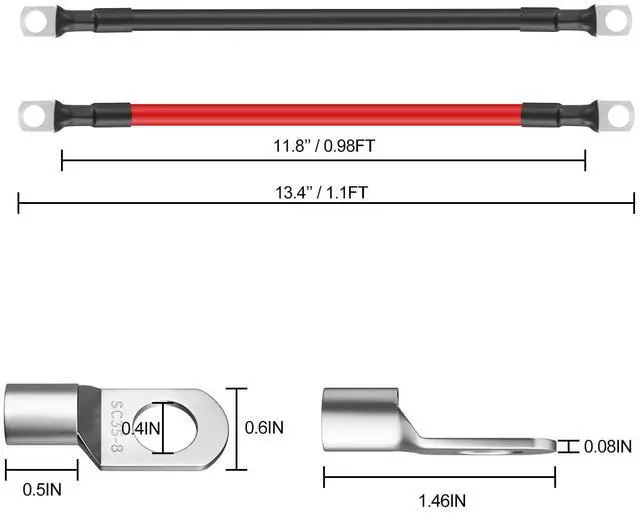 Alt view image 3 of 7 - 2AWG Pure Copper Battery Cables with 3/8" Lugs Red & Black, 1FT, 2-Pack for Car, RV, Truck, Boat, Marine, Solar Power, Motorcycle, Automotive, Off-Road, Boat Accessories