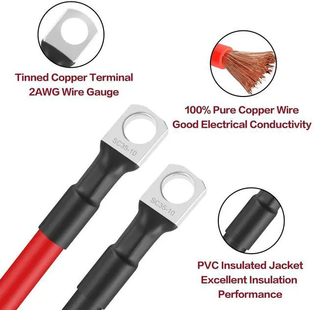 Alt view image 4 of 7 - 2AWG Pure Copper Battery Cables with 3/8" Lugs Red & Black, 1FT, 2-Pack for Car, RV, Truck, Boat, Marine, Solar Power, Motorcycle, Automotive, Off-Road, Boat Accessories