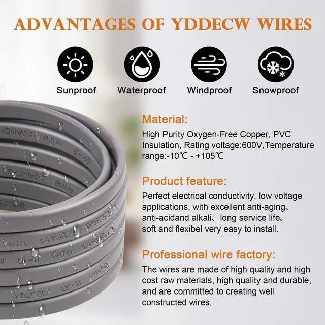 Alt view image 3 of 7 - 14/3 UF-B Wire - 50FT 100% Pure Copper 14AWG 3 Connector Direct Burial Electrical Cable 14 Gauge for Underground Feeder Wet or Corrosive Locations Indoor & Outdoor etc