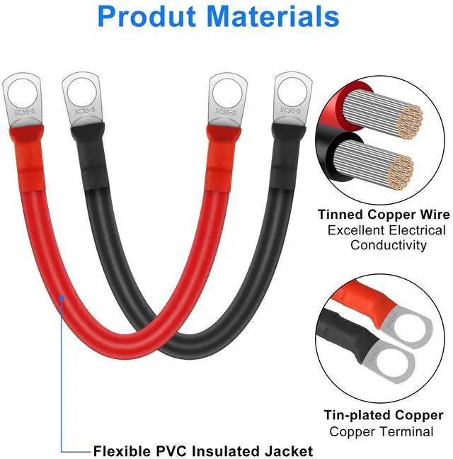 Alt view image 3 of 7 - 2PCS 2AWG Gauge Battery Cables,15cm/ 6inch 12V Copper Battery Power Inverter Leads, with 5/16" Lugs Ring Terminals