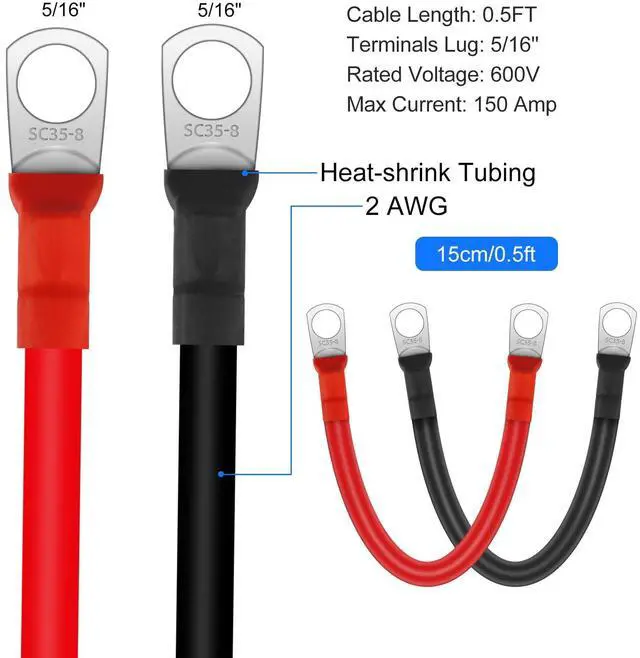 Alt view image 2 of 7 - 2PCS 2AWG Gauge Battery Cables,15cm/ 6inch 12V Copper Battery Power Inverter Leads, with 5/16" Lugs Ring Terminals