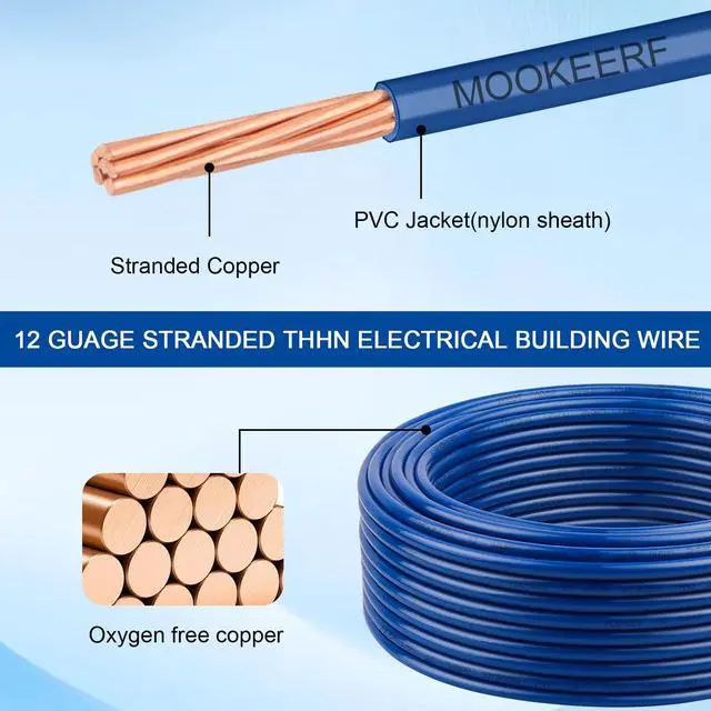 Alt view image 2 of 7 - THHN Wire 12 Gauge 25FT - OFC Stranded Copper 12 AWG Electrical Building Wire 600V with Nylon Jacket and PVC Insulation for Residential, Ground, Industrial, CNC, Panel Wiring - Blue