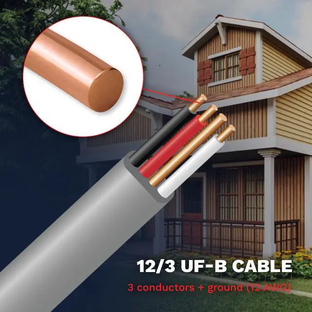Alt view image 2 of 6 - 12/3 UF-B Electrical Copper Wire 12 AWG 3 Connector Direct Burial Electrical Cable for Underground Feeder and Branch Circuit Cable Gray Indoor & Outdoor (25 Ft)