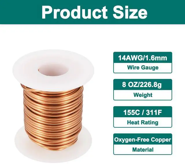 Alt view image 2 of 5 - 14 AWG Magnet Wire, 14 Gauge Enameled Copper Wires 8 oz Magnetic Coil Wire for Transformer Motor Electric, F Grade 311 Fahrenheit (155 Celsius), Copper Color