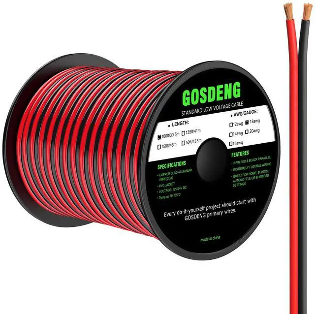 Main image of 18 Gauge Wire 100FT, 2 Conductors Electrical Wire Red and Black Cable, Low Voltage/PVC 18AWG Copper Clad Aluminum Extension Cord for Speaker Wire, LED, Car, Automotive12V/24V DC
