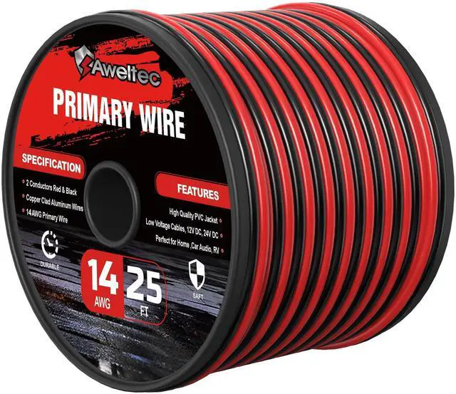 Main image of 14 Gauge Wire, 14AWG 25FT Automotive Electrical Wire, 2 Conductor Red Black Primary Cable, Copper Clad Aluminum Wire for LED Light Strips, Car Audio, Speakers,12V/24V DC