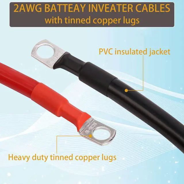 Alt view image 2 of 7 - 2 AWG Car Cables (2FT) - Heavy-Duty Power Inverter Wire Set with 3/8" Lugs for Automotive, Solar, Marine, RV, Boat & Motorcycle - Red & Black (Flexible, High-Current)