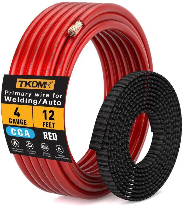 Main image of 4 Gauge Wire Battery Cable - CCA 4 AWG Electrical Wire Extension Cord, 12FT Red with Cable Sleeves, for Automotive Power Ground, Battery Cable, Car Audio, RV
