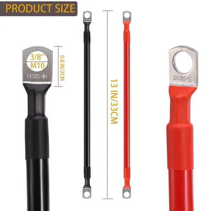 Alt view image 4 of 7 - 2 AWG Car Cables (1FT) - Heavy-Duty Power Inverter Wire Set with 3/8" Lugs for Automotive, RV, Boat & Motorcycle - Red & Black (Flexible, High-Current)