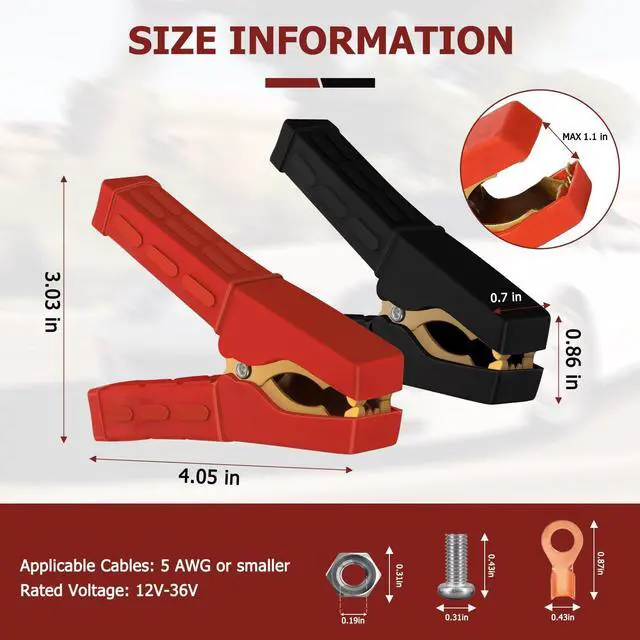 Alt view image 4 of 7 - Jumper Cable Clamps 1 Pair, Battery Clamps Pure Copper, Battery Charger Clamps 4 Inch, Jumper Cable Ends Heavy Duty with Insulating Sheath for Under 5AWG Battery Cables 12V/24V/36V by