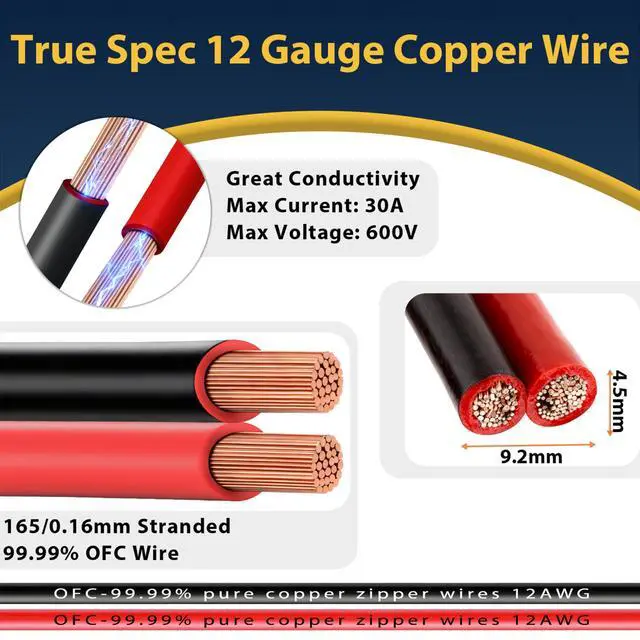 Alt view image 2 of 7 - 12 Gauge 2 Conductor Copper Electrical Wire 20 FT Red & Black, OFC Zipper Parallel Hookup Low Voltage Battery Cable, Waterproof for Automotive Car Audio Marine Boat LED Lighting RV Trailer Speaker DIY