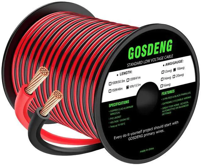 Main image of 18 Gauge Wire, 50FT, 2 Conductors Red & Black PVC Cable, 18AWG Copper Clad Aluminum Extension Cord for Speaker, LED, Car Wire, Automotive 12V/24V DC