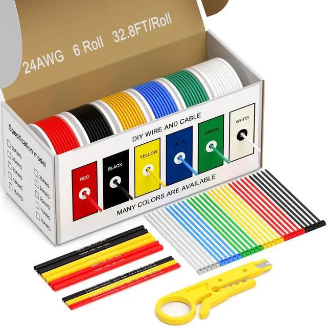 Main image of 22/24 AWG Wire Stranded Solid Core Hook-Up Flexible Wires, 6 Colors Harnesses Each Roll 32.8ft/10M PVC Tinned Copper Core Automotive Electrical Cables, High Temp Resistant -20 to 80